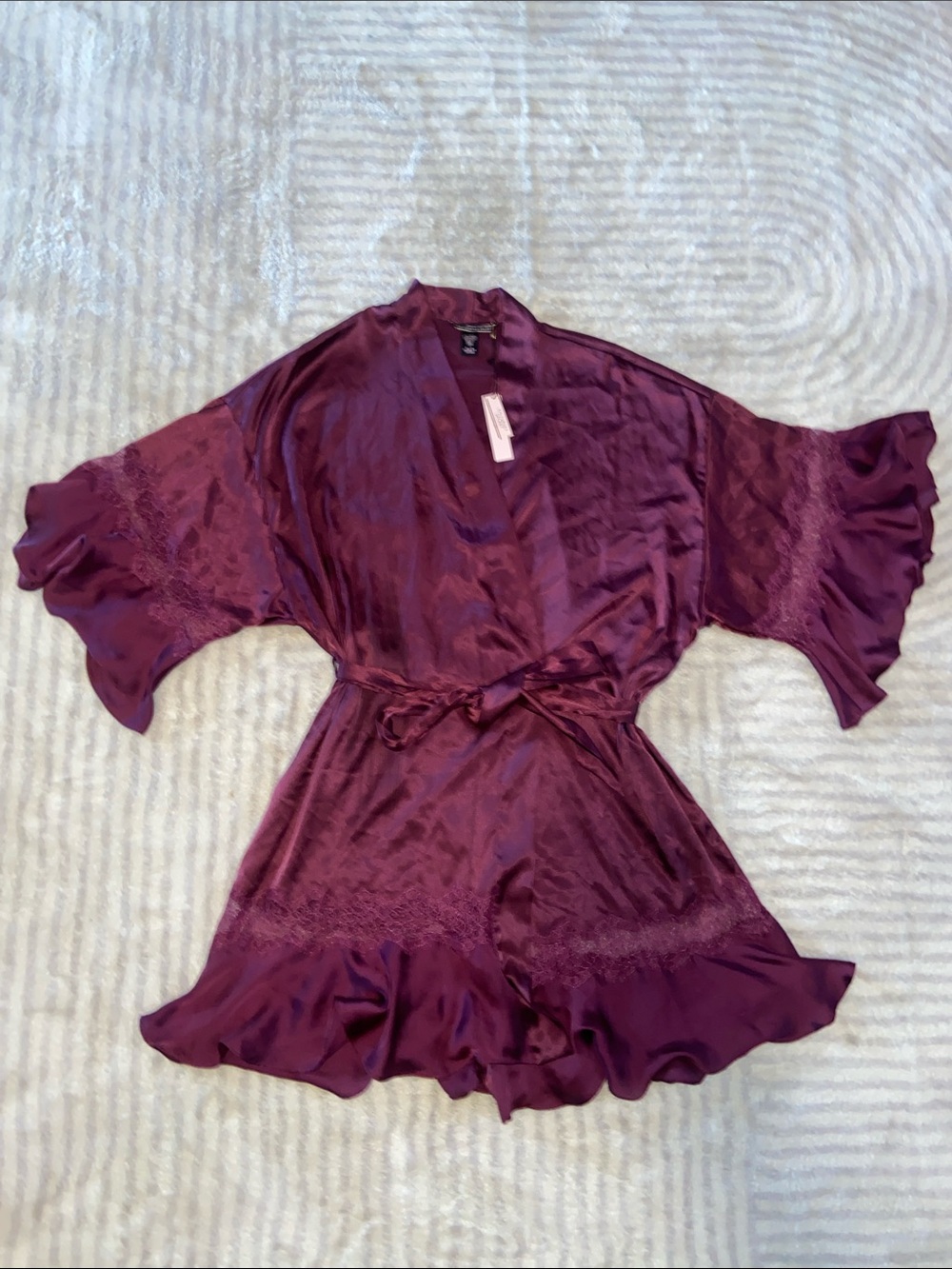 Victoria's Secret Deep Plum Satin Wrap Robe with Lace Trim
